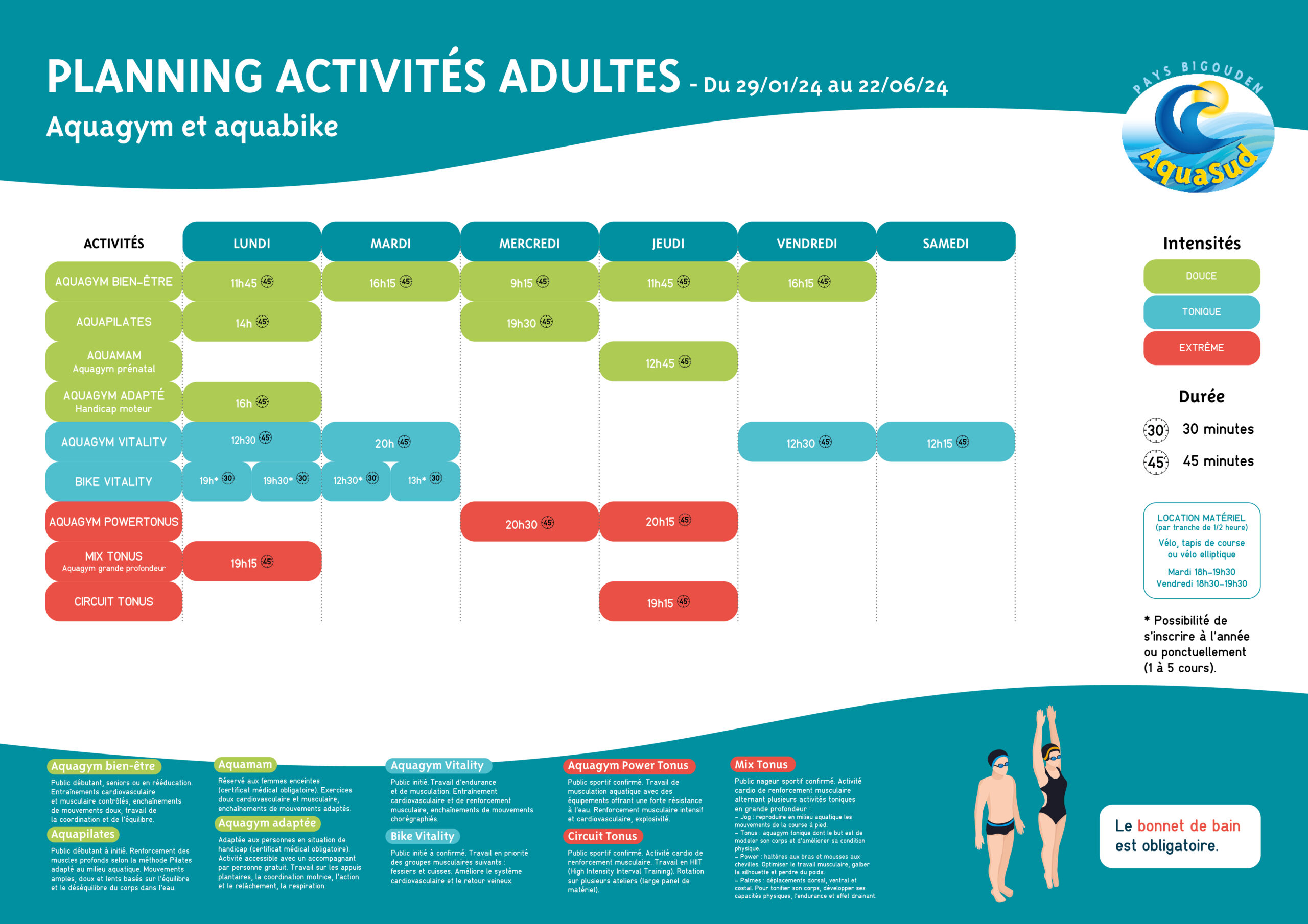 Planning aquagym et aquabike 2023-2024