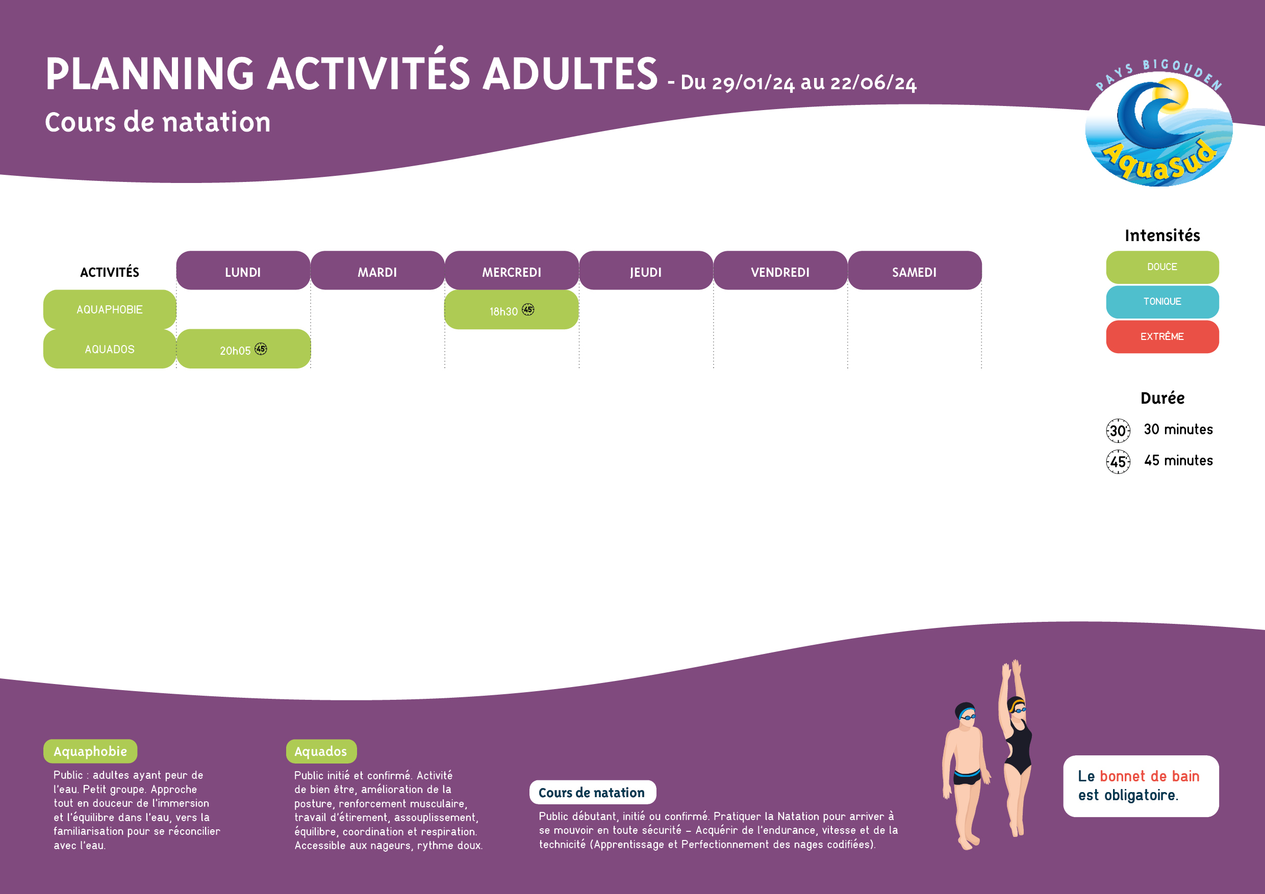 Planning cours natation adultes 2023-2024